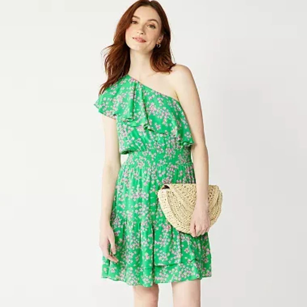 Draper James RSVP One Shoulder Ruffle Sundress M Green Pink Floral Dress